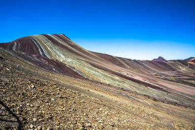 Scenic view of mountains against clear blue sky