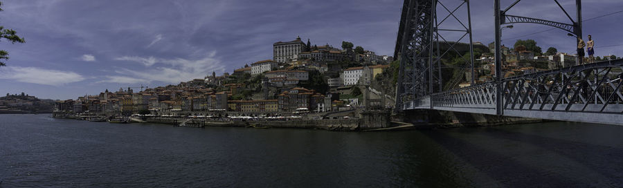 Bridge over river by buildings against sky in city