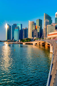 Modern buildings in city against clear sky