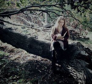 Young woman writing in book while sitting on tree trunk at forest
