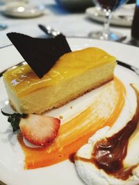 Close-up of dessert served on table