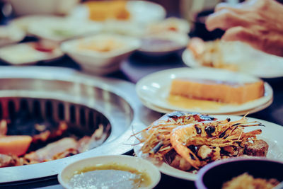 High angle view of meal served in restaurant