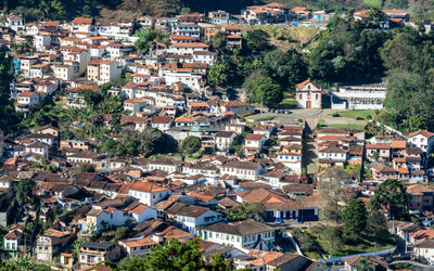 High angle view of houses in town