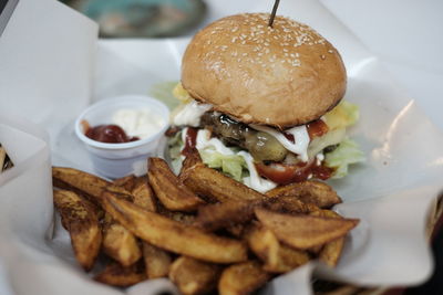 Close-up of burger in plate 