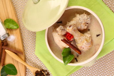 High angle view of food in bowl on table