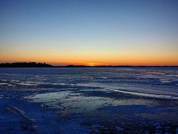 Scenic view of snow covered landscape at sunset