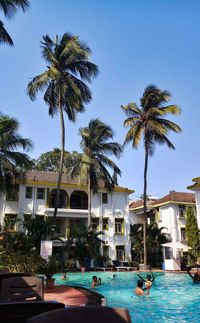 View of swimming pool in front of building