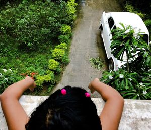 Rear view of woman on flower plants