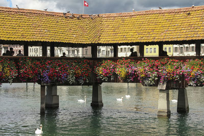 View of built structure against calm lake