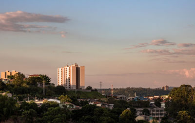 Buildings in city at sunset