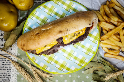 Directly above shot of sandwich in plate on table