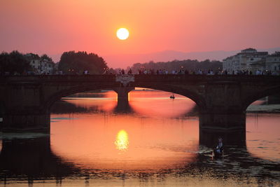 Bridge over river in city against orange sky