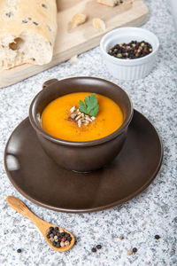 High angle view of soup in bowl on table