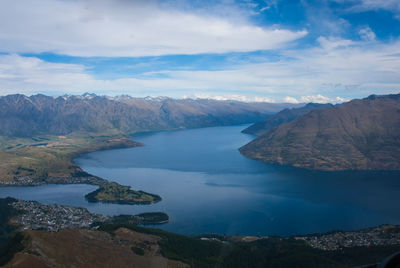 Scenic view of lake and mountains against sky