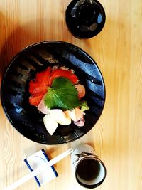 High angle view of food in plate on table