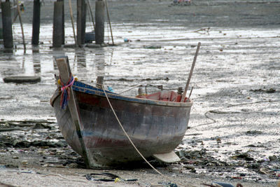 Boat on sand at shore