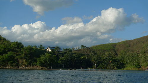 Scenic view of sea and trees against sky