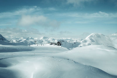 Scenic view of snow covered mountains against sky