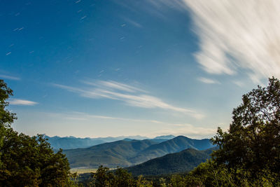 Scenic view of mountains against blue sky