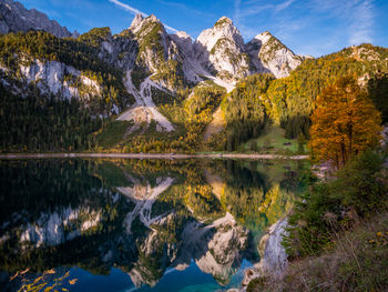 Scenic view of lake and mountains against sky