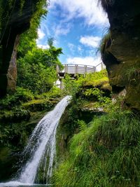 Scenic view of waterfall against sky
