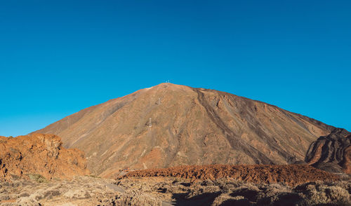 Scenic view of desert against clear blue sky