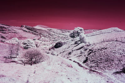 Snow covered land against sky during sunset