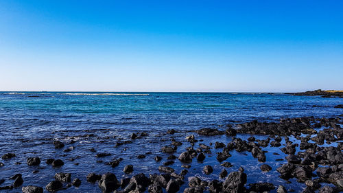 Scenic view of sea against clear blue sky