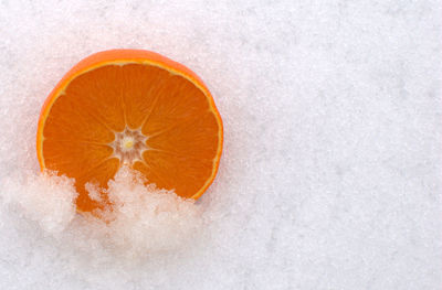 High angle view of orange slice on ice