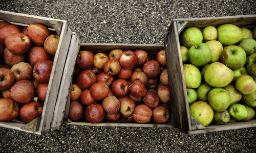 High angle view of apples in crates