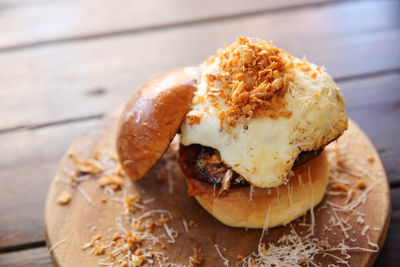 Close-up of burger on table