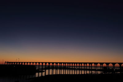 Silhouette bridge over river against clear sky during sunset