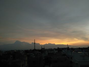 High angle view of buildings in city during sunset