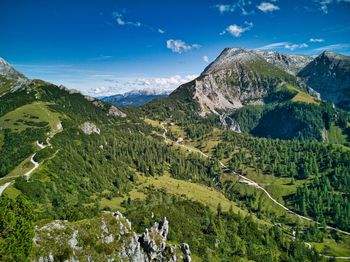 High angle view of green landscape against sky