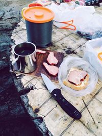 High angle view of food on table