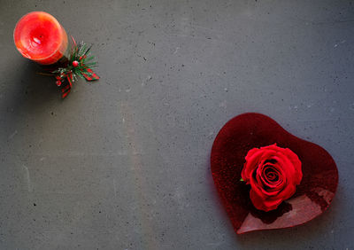 Red rose on heart-shaped plate, on grey background