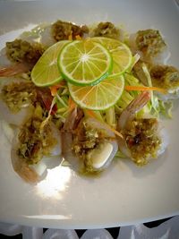 High angle view of fruits served in plate