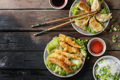 Directly above shot of food served on table