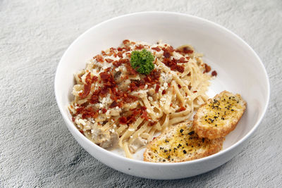 High angle view of food in bowl on table