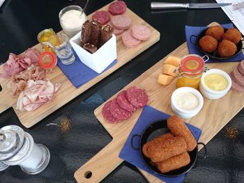 High angle view of breakfast on table