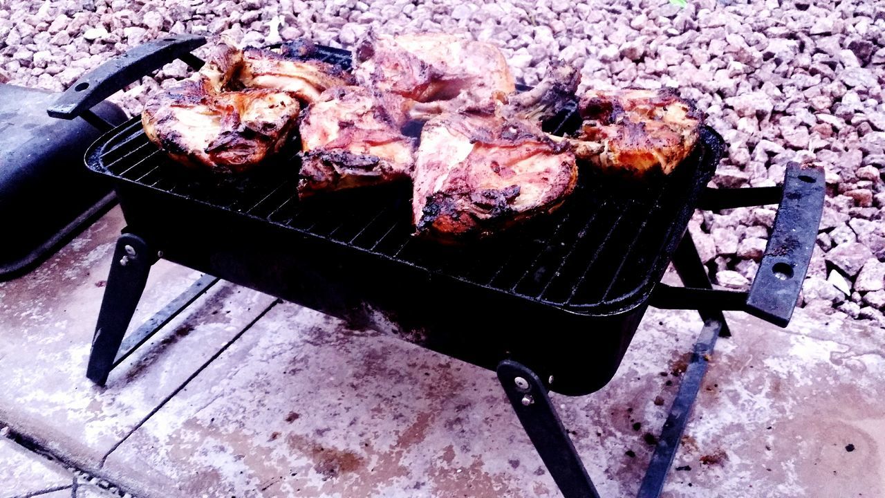 high angle view, abandoned, still life, damaged, obsolete, close-up, metal, no people, messy, outdoors, day, barbecue grill, food and drink, food, preparation, old, transportation, garbage, deterioration, broken