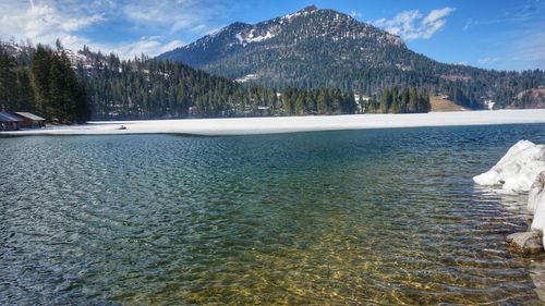 Scenic view of lake by mountains against sky