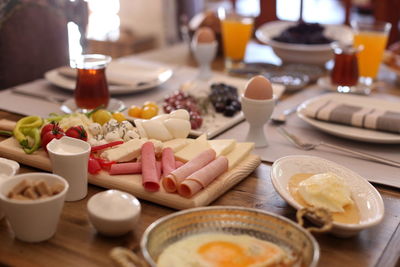 High angle view of breakfast served on table