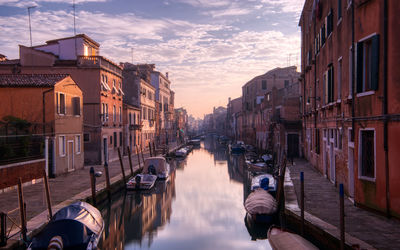 View of canal amidst buildings against sky during sunset