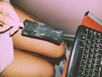 High angle view of mobile phone