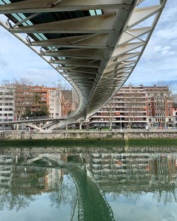 Bridge over river in city against sky