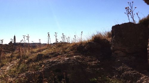 Scenic view of landscape against clear blue sky