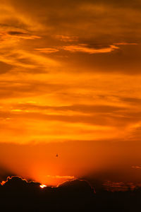 Scenic view of orange sky with a bird flying