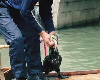 Full length of man holding bird in water