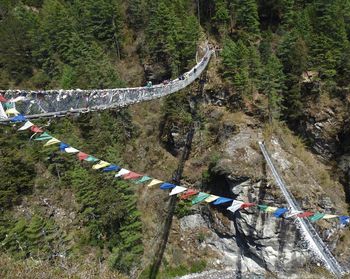 High angle view of street amidst trees